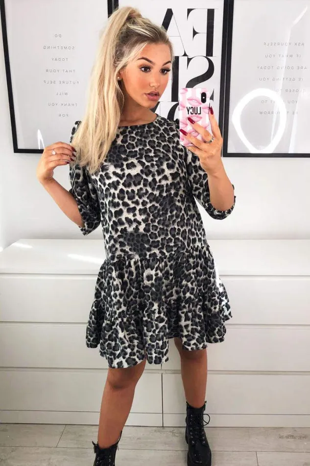 AX Paris Day Dresses Grey Printed Frill Swing Dress