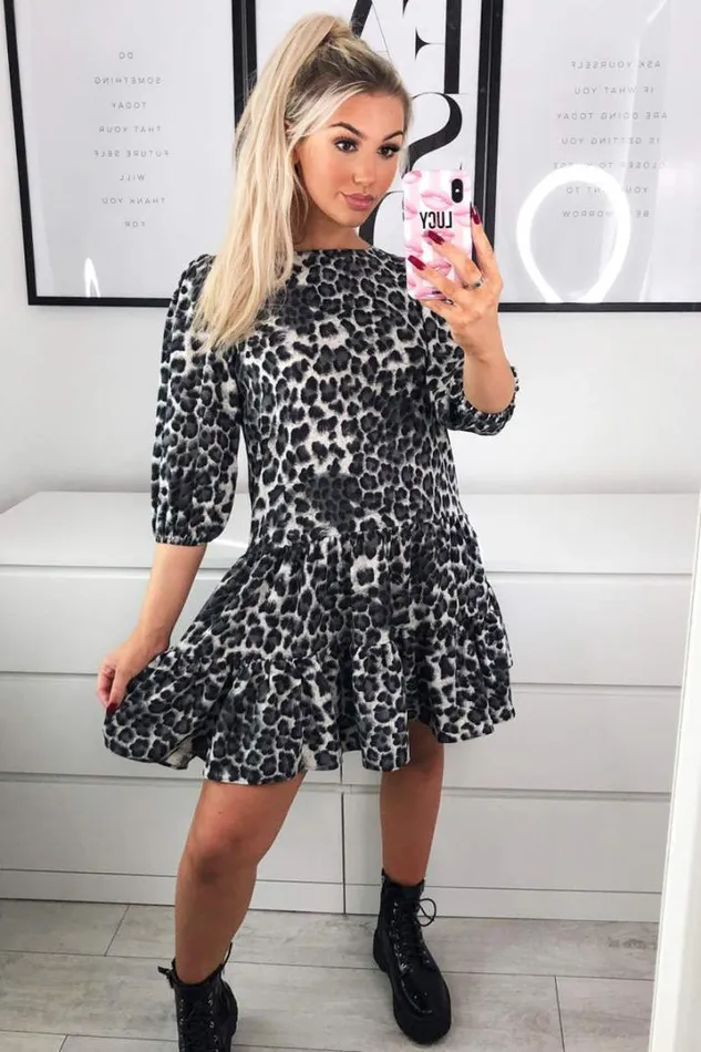 AX Paris Day Dresses Grey Printed Frill Swing Dress