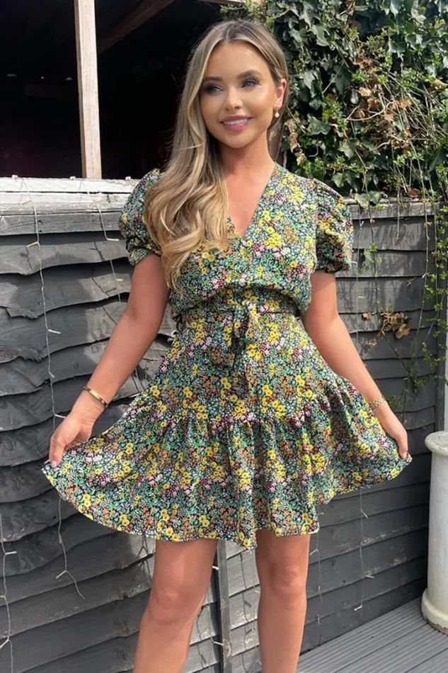 AX Paris Dresses Black Ditsy Floral Printed Tie Waist Frill Hem Dress