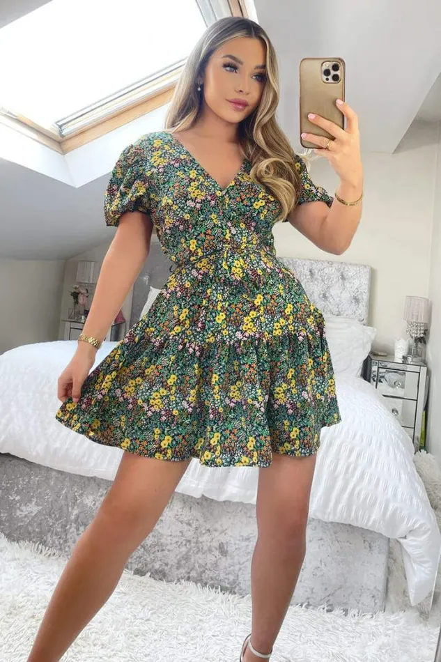 AX Paris Dresses Black Ditsy Floral Printed Tie Waist Frill Hem Dress