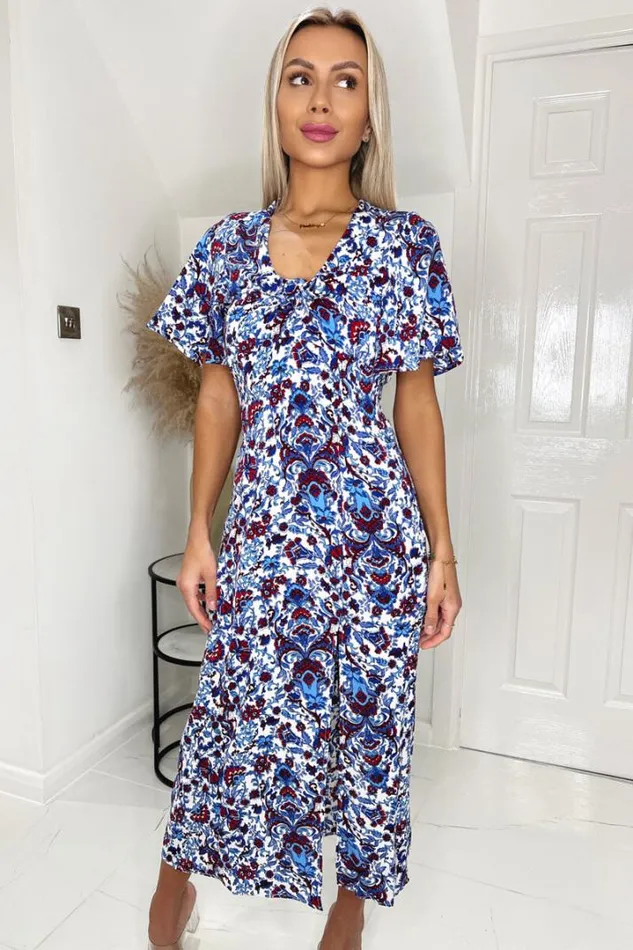 AX Paris Dresses Blue Floral V Neck Tie Detail Short Sleeve Midi Dress With Split