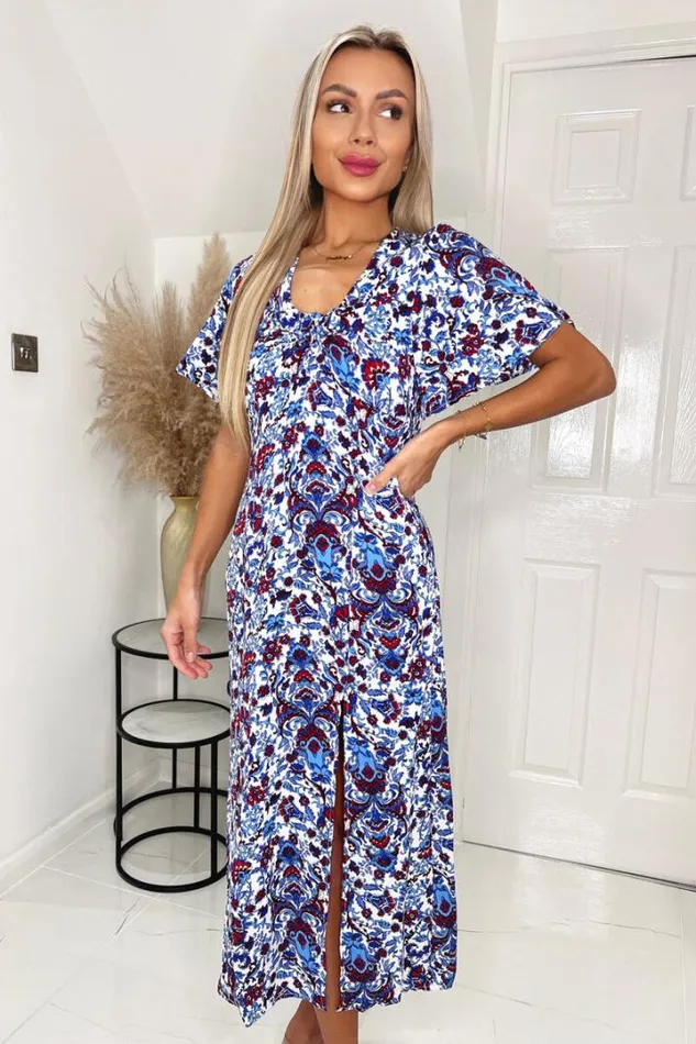 AX Paris Dresses Blue Floral V Neck Tie Detail Short Sleeve Midi Dress With Split