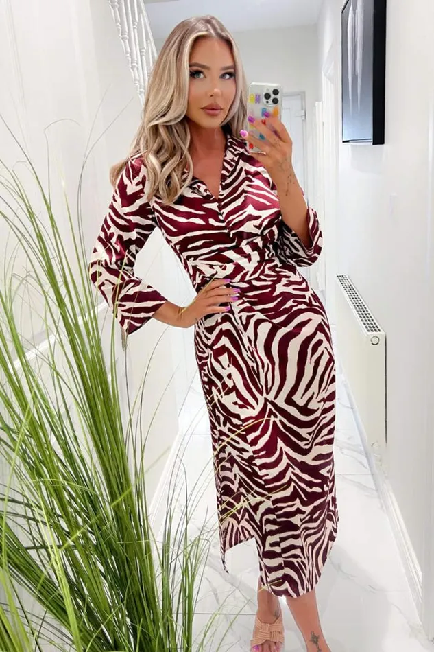 AX Paris Dresses Burgundy Animal Print Button Top Gathered Side Midi Dress