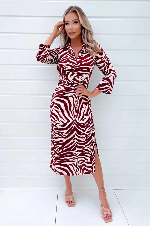 AX Paris Dresses Burgundy Animal Print Button Top Gathered Side Midi Dress