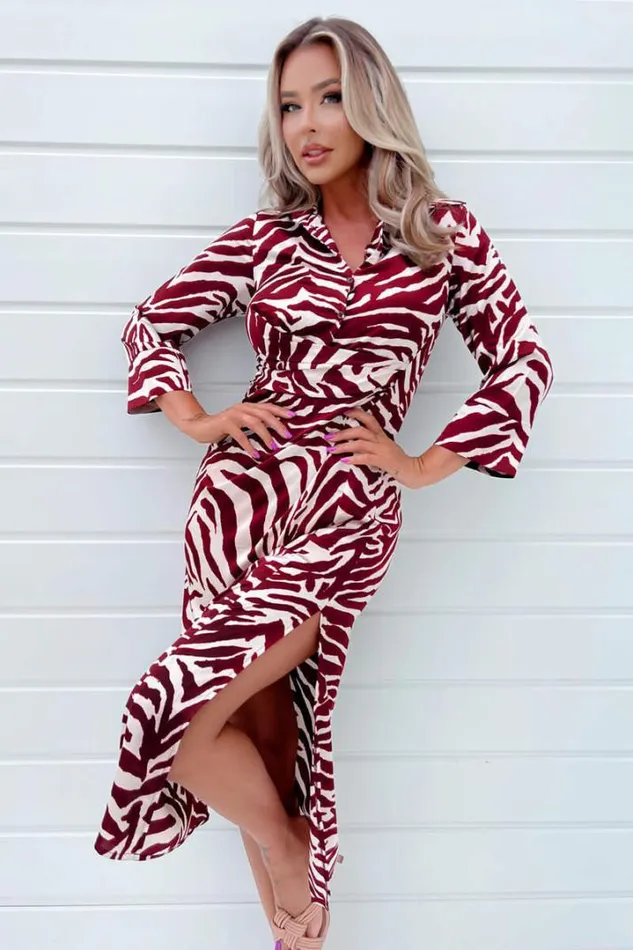 AX Paris Dresses Burgundy Animal Print Button Top Gathered Side Midi Dress