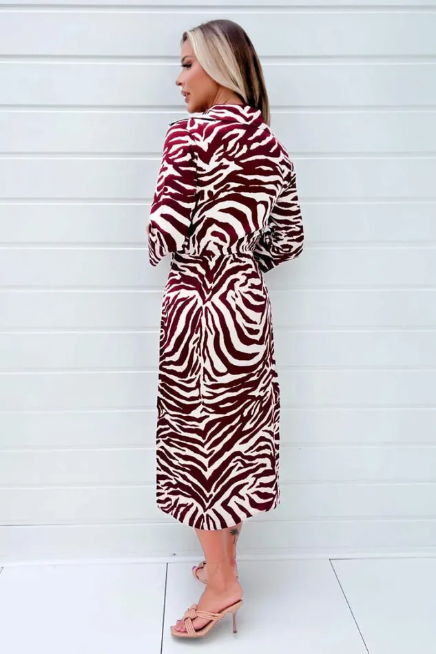 AX Paris Dresses Burgundy Animal Print Button Top Gathered Side Midi Dress