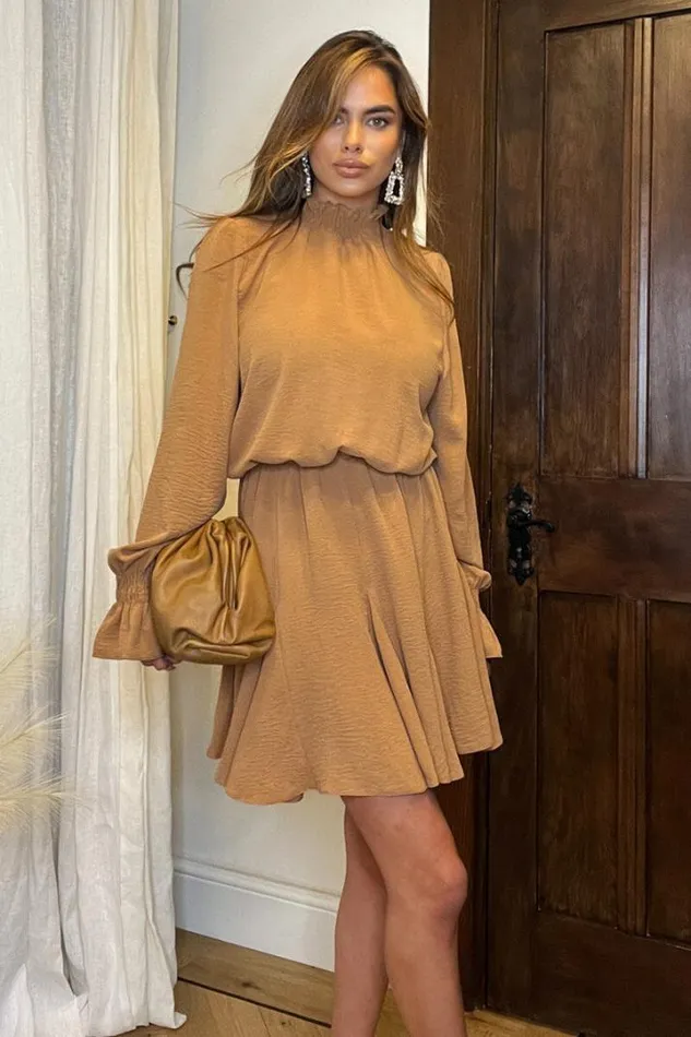 AX Paris Dresses Camel High Neck Shirred Detail Skater Dress
