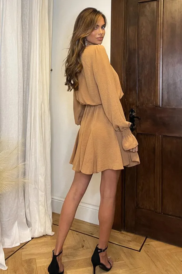 AX Paris Dresses Camel High Neck Shirred Detail Skater Dress