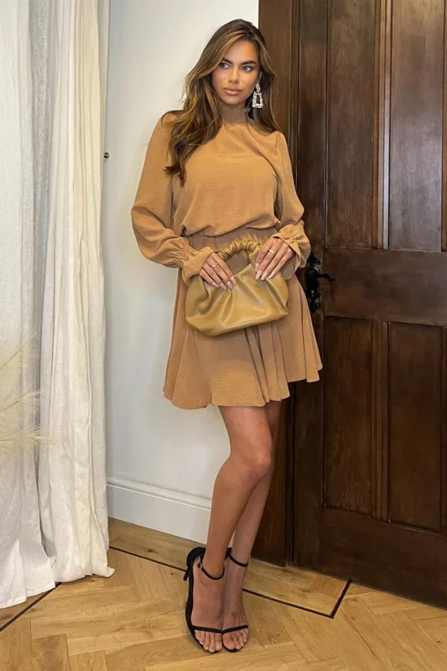 AX Paris Dresses Camel High Neck Shirred Detail Skater Dress