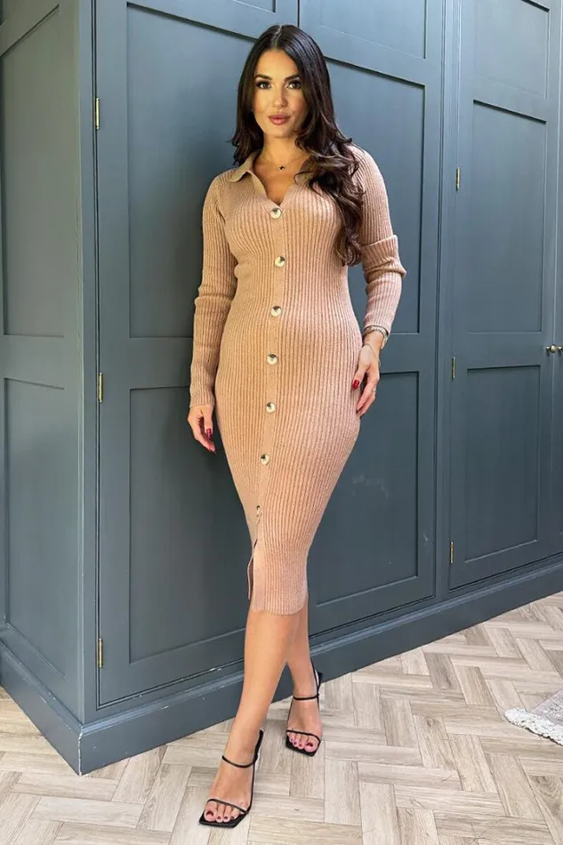 AX Paris Dresses Camel Knitted Button Front Midi Dress
