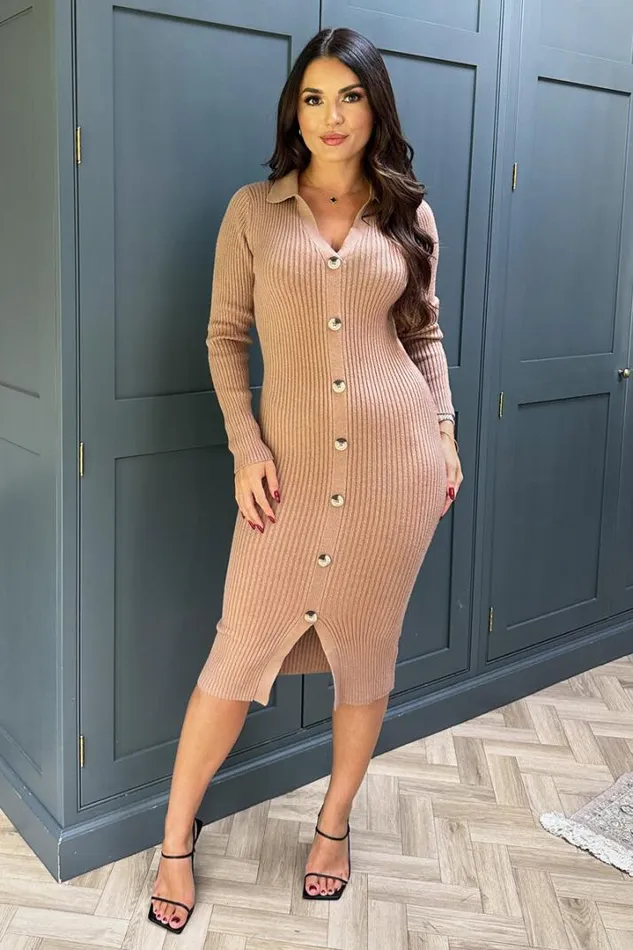AX Paris Dresses Camel Knitted Button Front Midi Dress