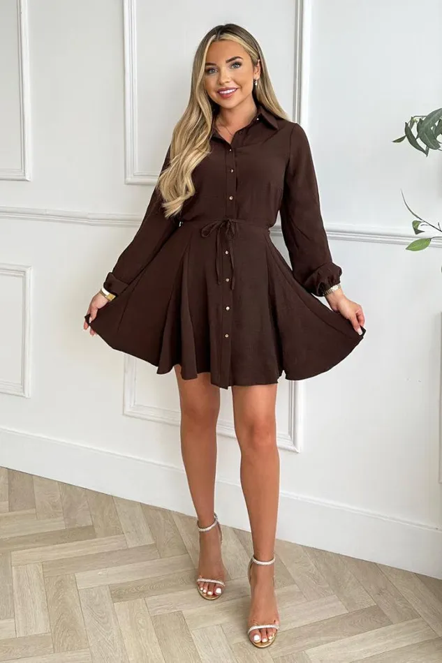 AX Paris Dresses Chocolate Long Sleeve Button Front Skater Shirt Dress