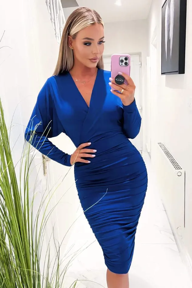 AX Paris Dresses Cobalt Blue Ruched Wrap Top Midi Dress