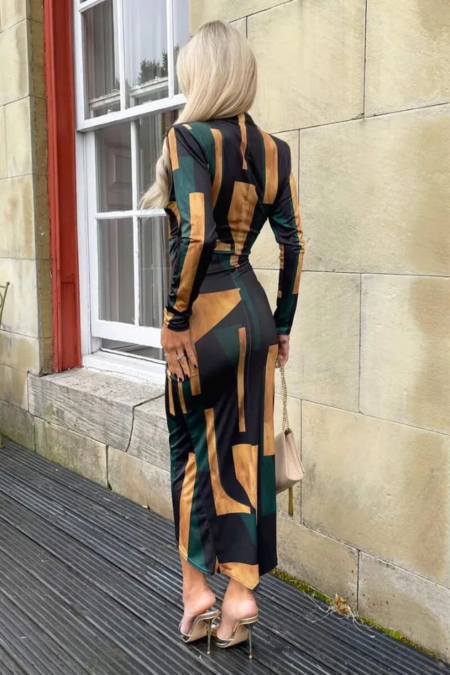 AX Paris Dresses Forest Geometric Print Long Sleeve Wrap Midi Dress