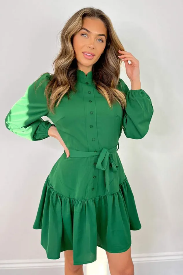 AX Paris Dresses Green High Neck Button Frill Hem Dress