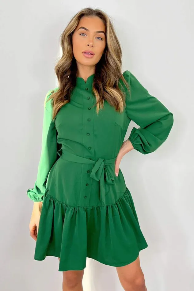 AX Paris Dresses Green High Neck Button Frill Hem Dress