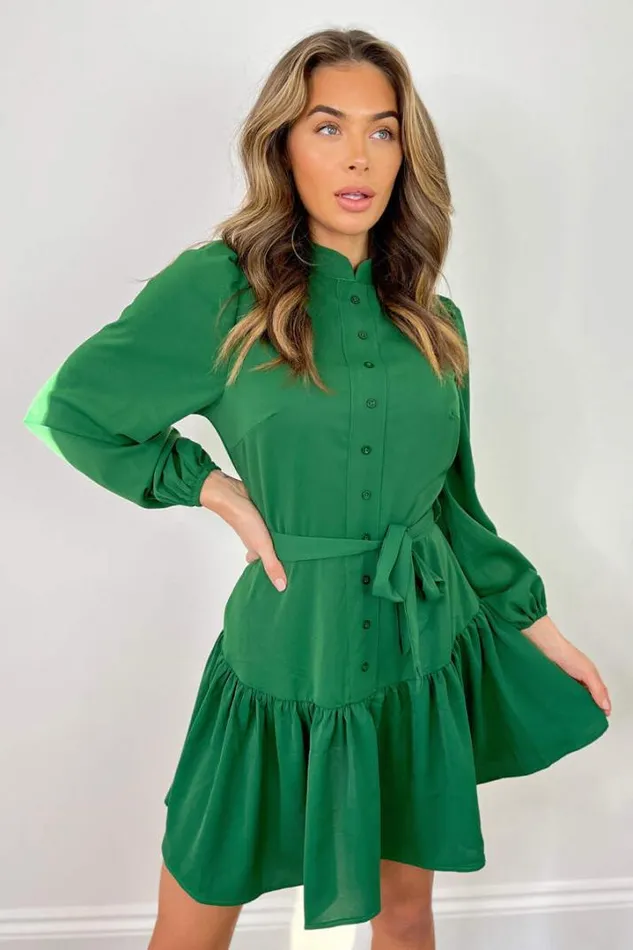 AX Paris Dresses Green High Neck Button Frill Hem Dress