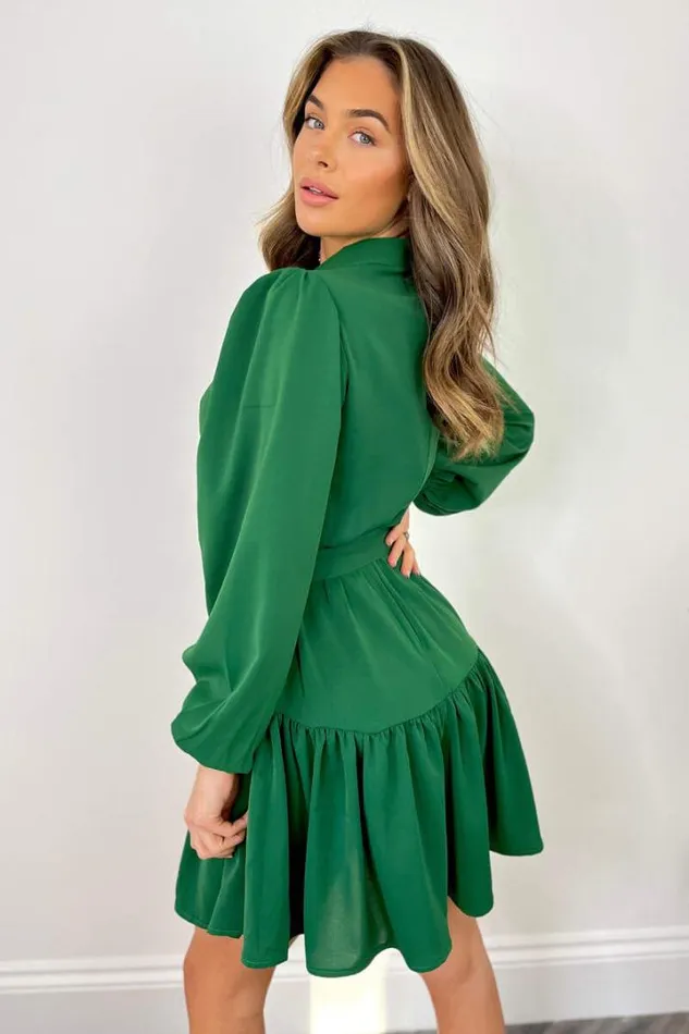 AX Paris Dresses Green High Neck Button Frill Hem Dress
