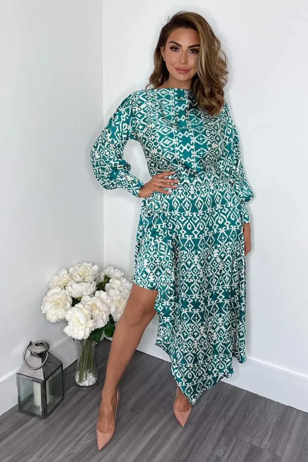 AX Paris Dresses Green Printed Satin High Low Skirt Midi Dress