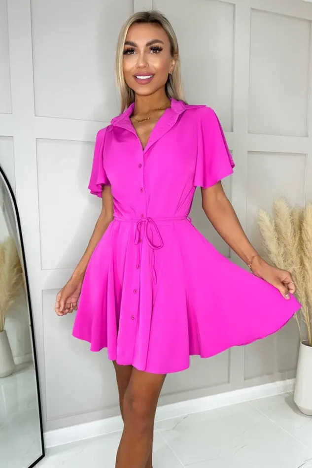 AX Paris Dresses Hot Pink Short Sleeve Belted Skater Dress