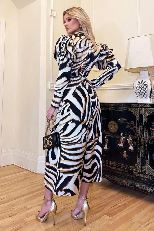 AX Paris Dresses Multi Print High Neck Long Puff Sleeve Midi Dress