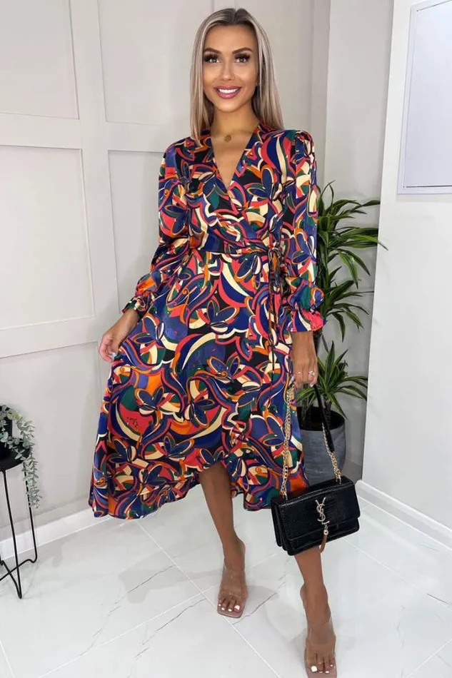 AX Paris Dresses Multi Printed Long Sleeve Wrap Over Midi Dress
