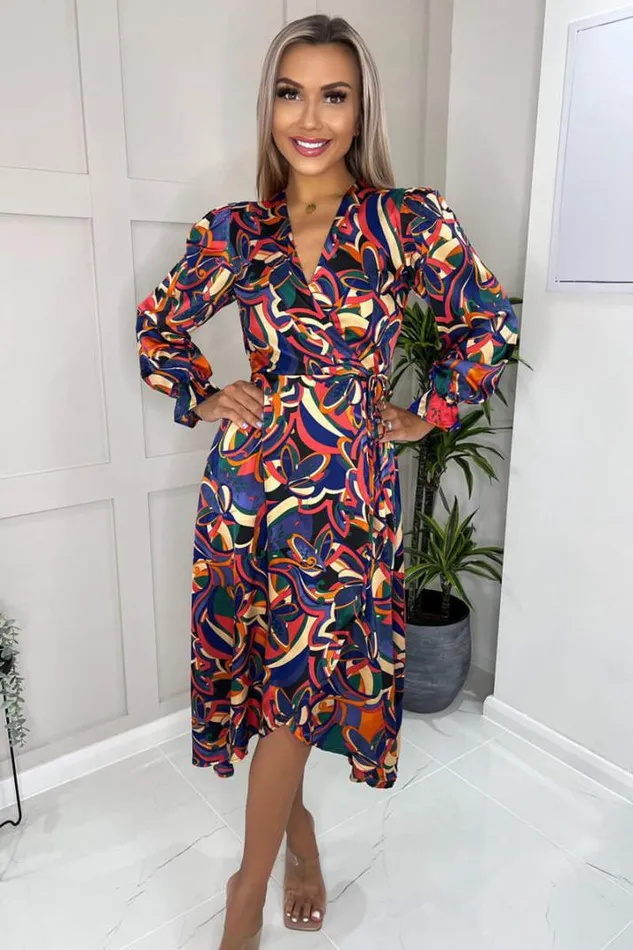 AX Paris Dresses Multi Printed Long Sleeve Wrap Over Midi Dress