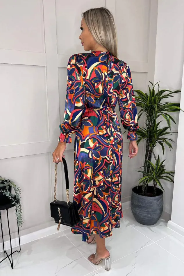 AX Paris Dresses Multi Printed Long Sleeve Wrap Over Midi Dress