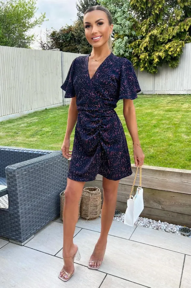 AX Paris Dresses Navy And Pink Printed Short Sleeve Gathered Mini Dress