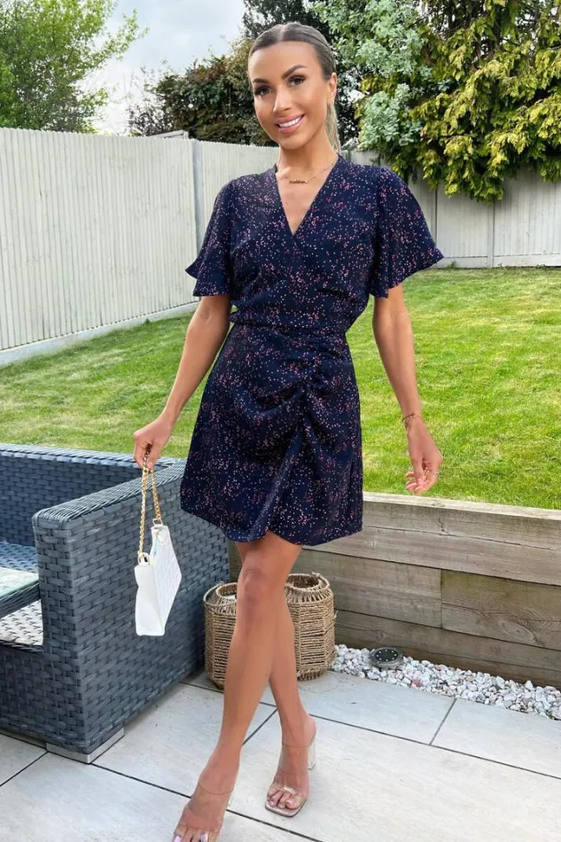 AX Paris Dresses Navy And Pink Printed Short Sleeve Gathered Mini Dress