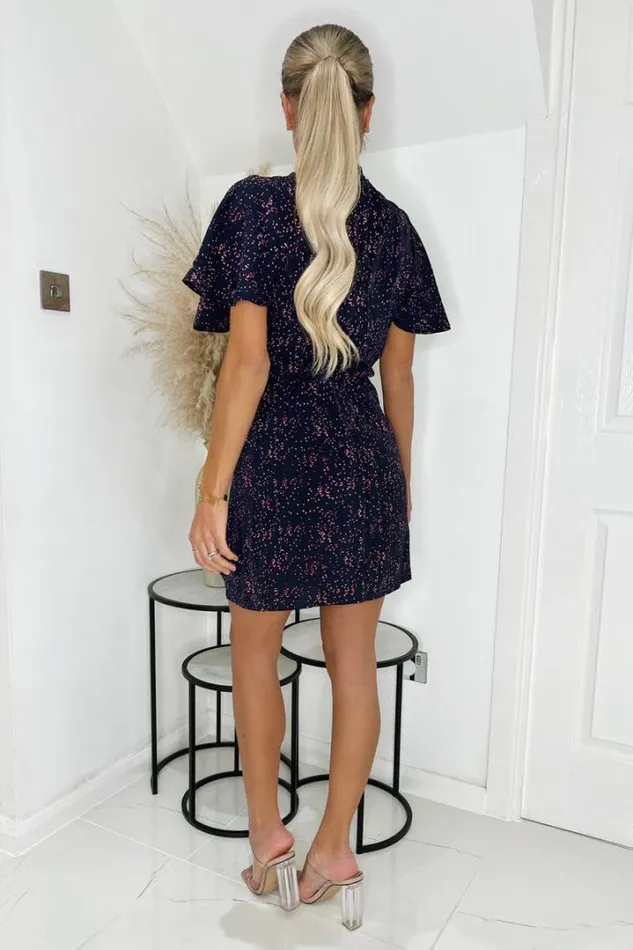 AX Paris Dresses Navy And Pink Printed Short Sleeve Gathered Mini Dress