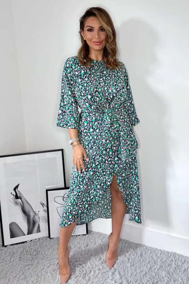 AX Paris Dresses Navy Green And Pink Printed Wrap Tie Front Midi Dress