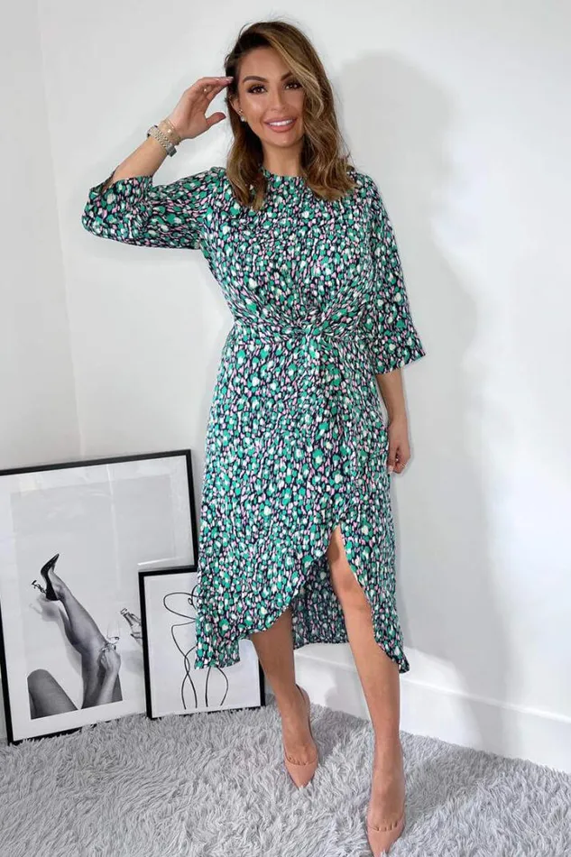 AX Paris Dresses Navy Green And Pink Printed Wrap Tie Front Midi Dress