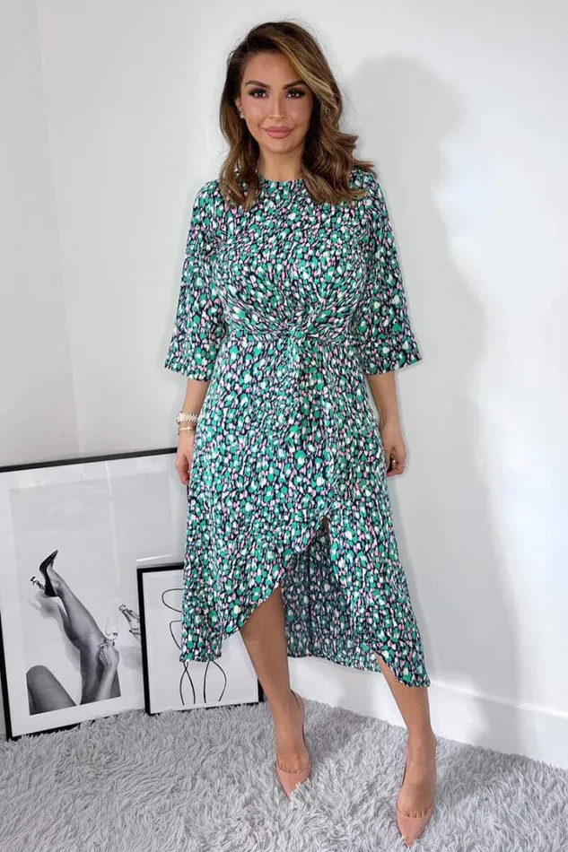 AX Paris Dresses Navy Green And Pink Printed Wrap Tie Front Midi Dress