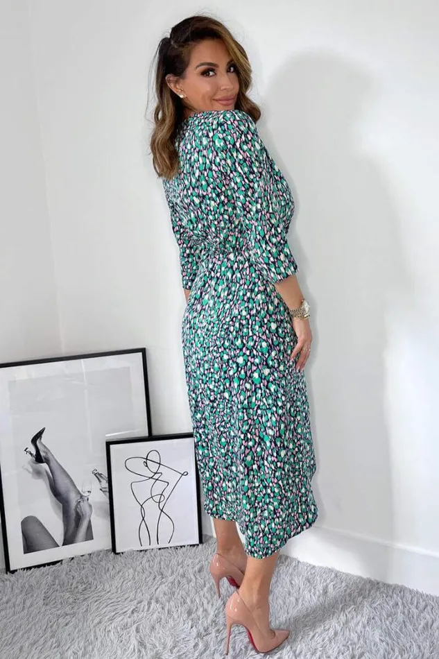 AX Paris Dresses Navy Green And Pink Printed Wrap Tie Front Midi Dress