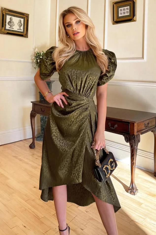 AX Paris Dresses Olive Animal Print Puff Sleeve Satin Midi Dress