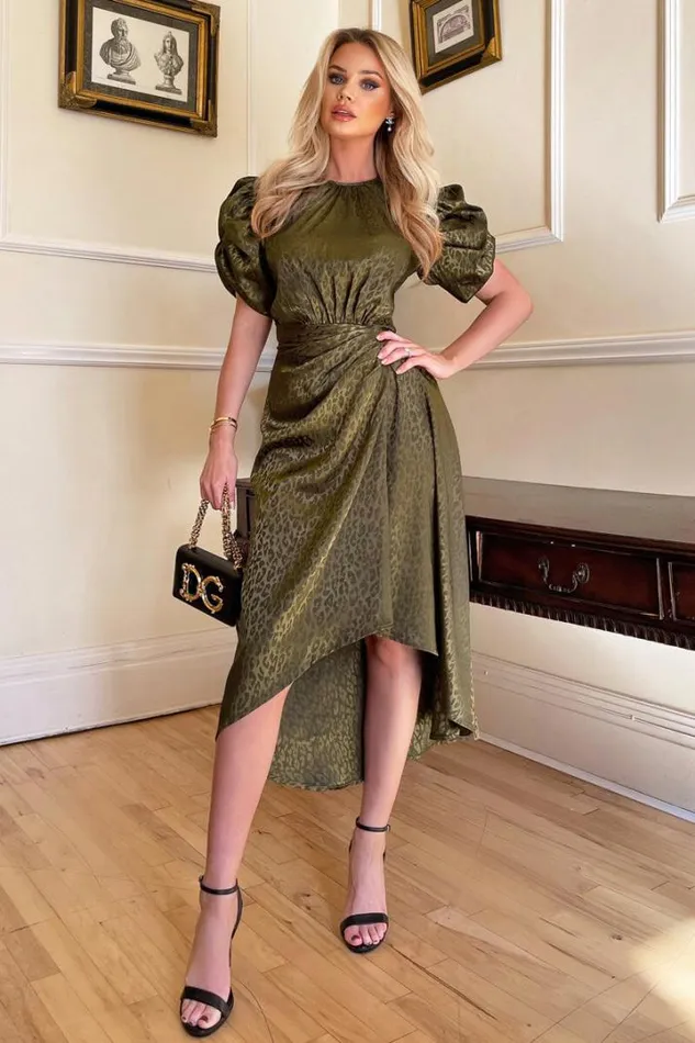 AX Paris Dresses Olive Animal Print Puff Sleeve Satin Midi Dress
