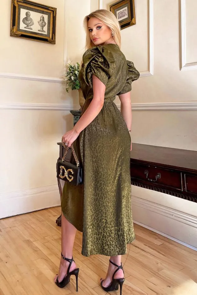 AX Paris Dresses Olive Animal Print Puff Sleeve Satin Midi Dress