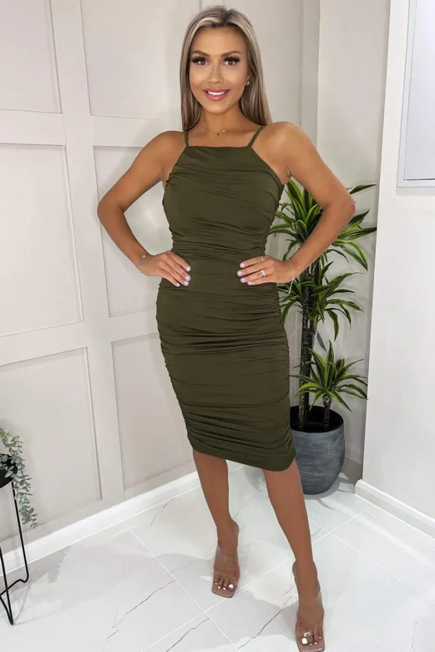 AX Paris Dresses Olive Ruched Pleated Top Midi Dress