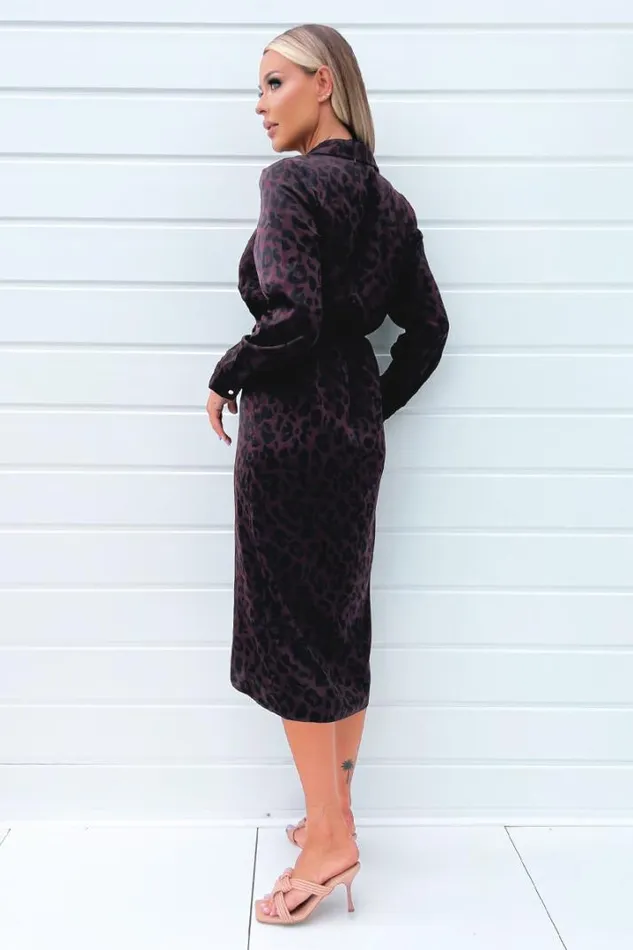 AX Paris Dresses Plum Animal Print Long Sleeve Wrap Midi Dress With Gold Buttons
