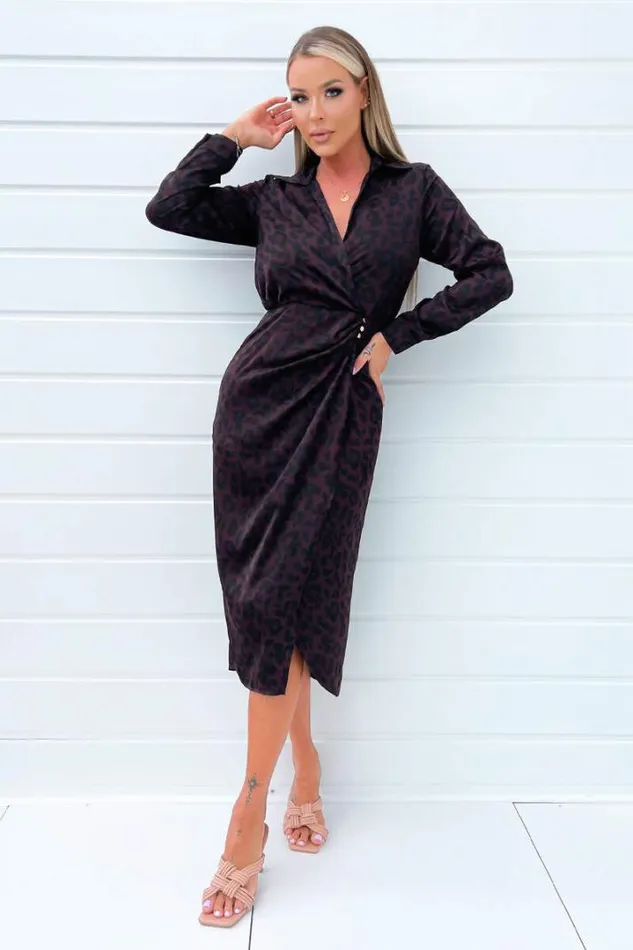 AX Paris Dresses Plum Animal Print Long Sleeve Wrap Midi Dress With Gold Buttons