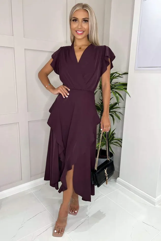 AX Paris Dresses Plum Frill Detail Double Split Skirt Midi Dress