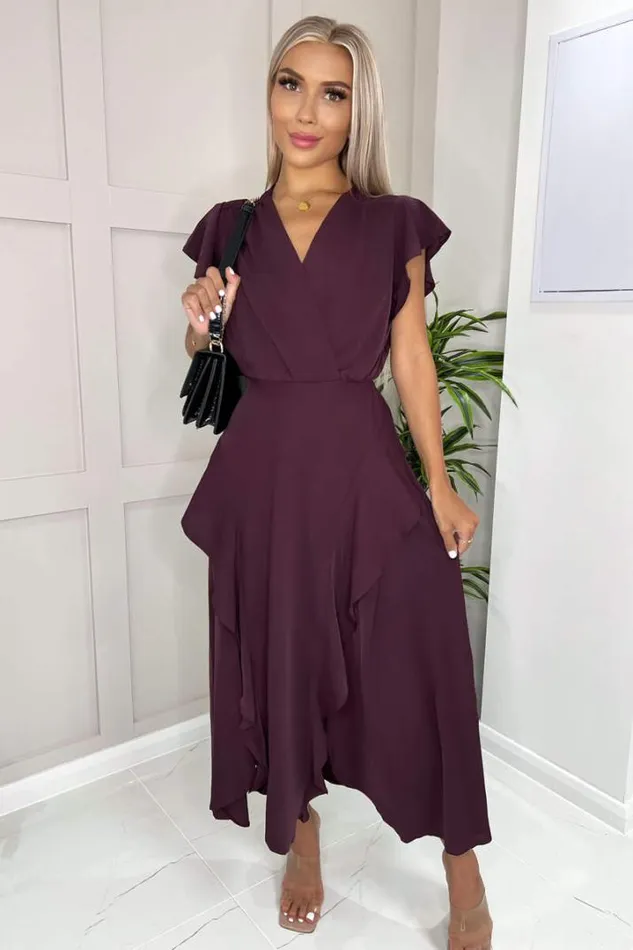 AX Paris Dresses Plum Frill Detail Double Split Skirt Midi Dress