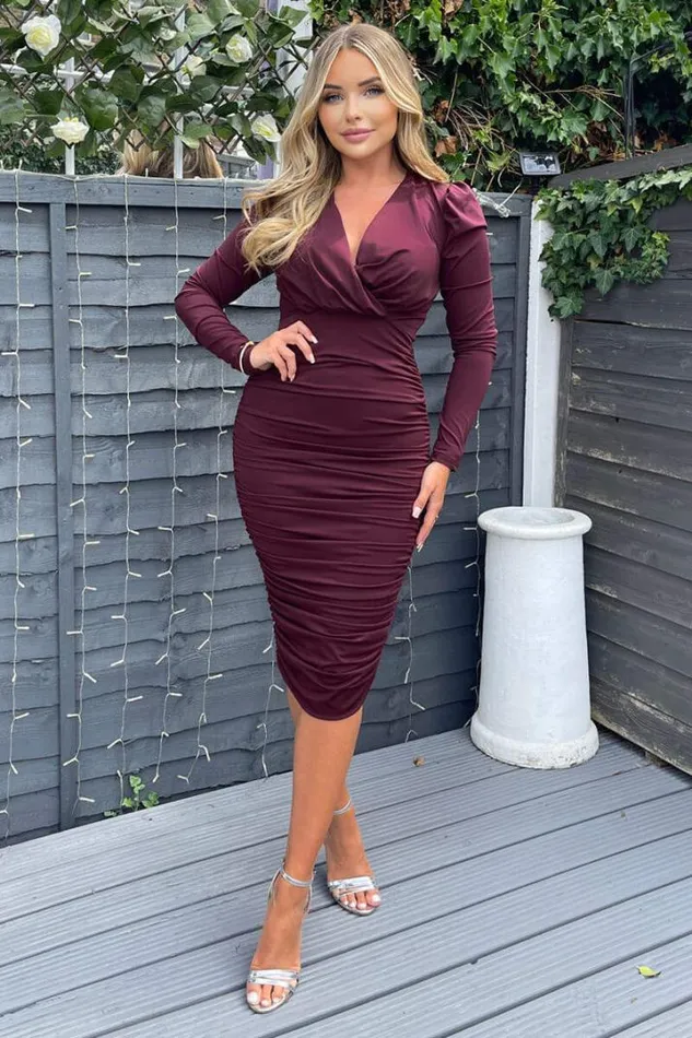 AX Paris Dresses Plum Ruched Long Sleeve Cross Front Midi Dress