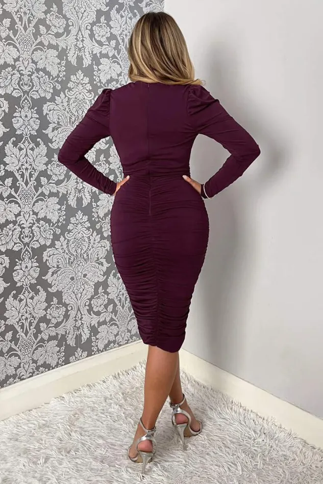 AX Paris Dresses Plum Ruched Long Sleeve Cross Front Midi Dress