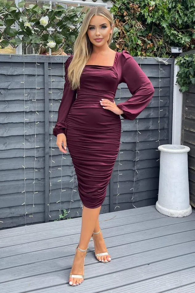 AX Paris Dresses Plum Square Neck Ruched Long Sleeve Midi Dress