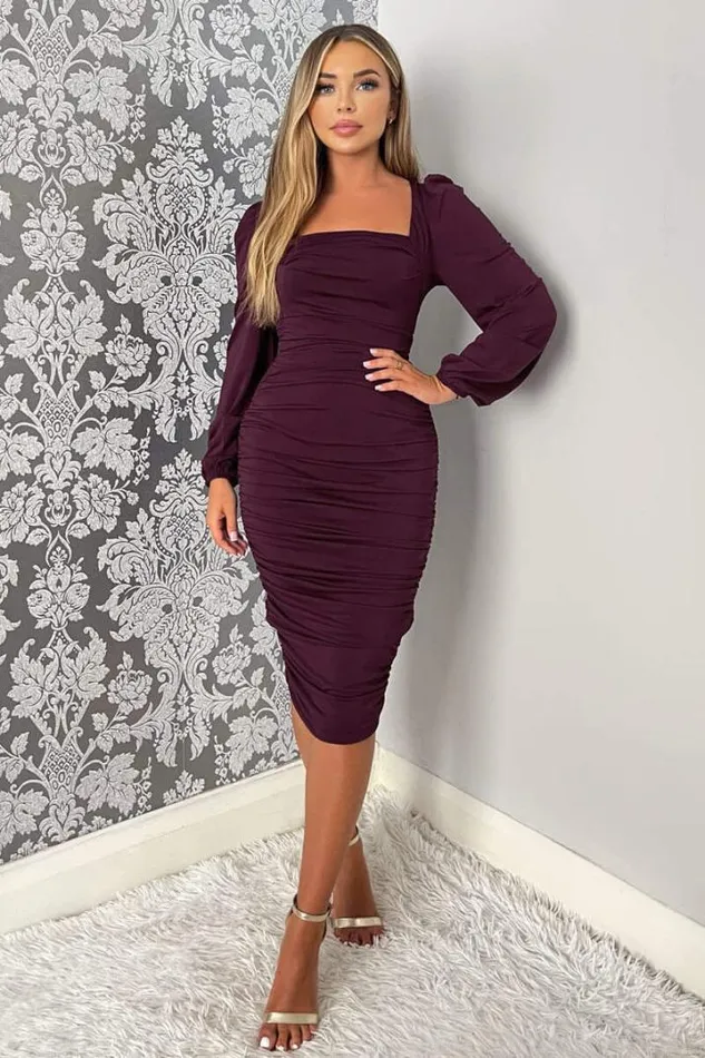AX Paris Dresses Plum Square Neck Ruched Long Sleeve Midi Dress