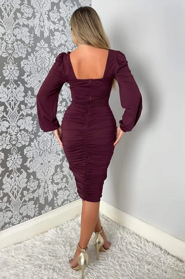 AX Paris Dresses Plum Square Neck Ruched Long Sleeve Midi Dress
