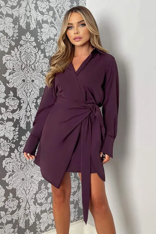 AX Paris Dresses Plum Tie Wrap Long Sleeve Mini Dress