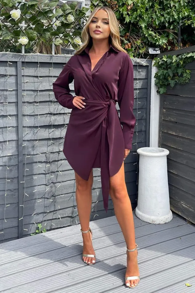 AX Paris Dresses Plum Tie Wrap Long Sleeve Mini Dress